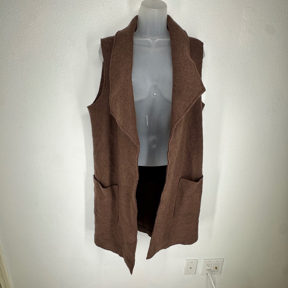 Tahari Womens Brown Wool Open Front Draped Collar Longline Earthy Indie Granola